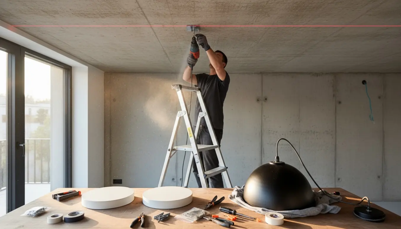 En håndværker på en stige monterer tre loftslamper i et rum med betonloft, to flade lamper og en stor pendel ligger klar.