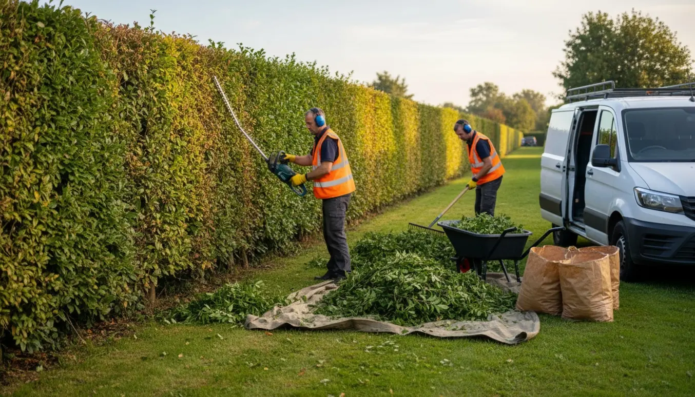 To gartnere trimmer og samler afklip fra en lang, cirka 55 m og 1,8 m høj hæk klar til bortkørsel.