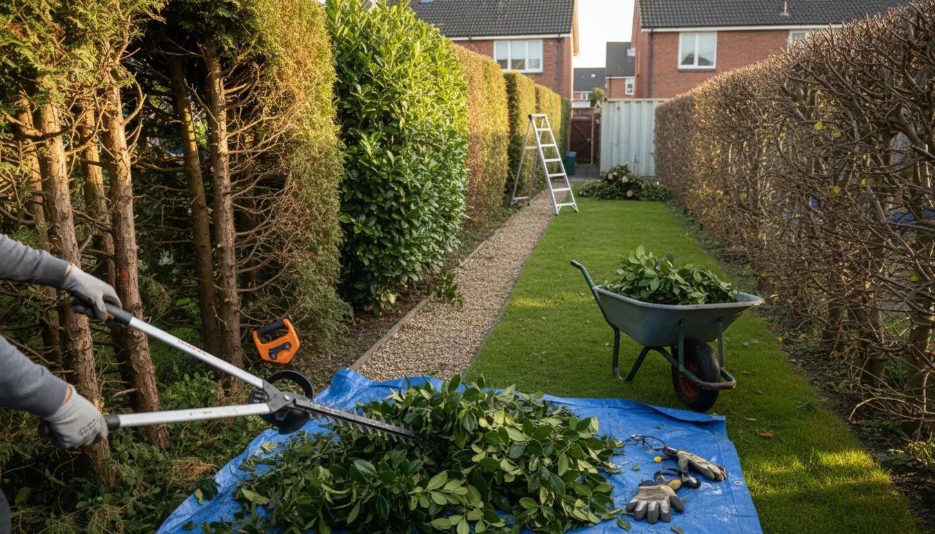 Havebag ved rækkehus med to hække og laurbærbusk, hvor hækkene klippes og beskårne grene samles ved en container.