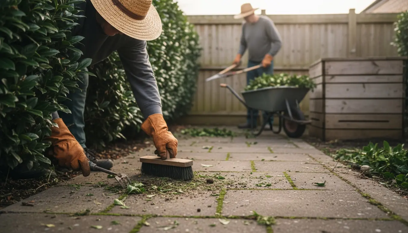 Hænder fjerner ukrudt mellem fliser og beskærer kirsebærlaurbær med trillebør og kompost i baggrunden.