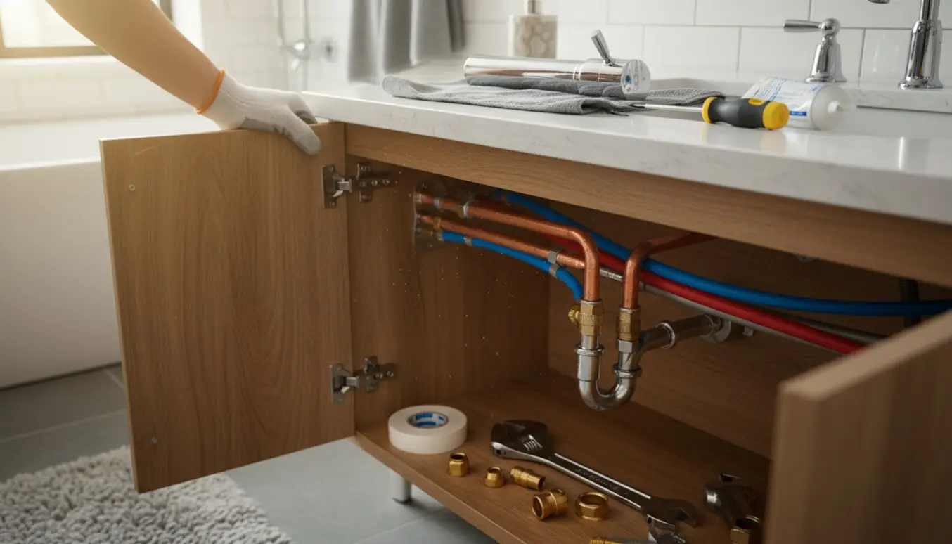 Åbent skab under vask med hænder, vandrør, fittings og værktøj klar til at rykke rør og montere vandhane.