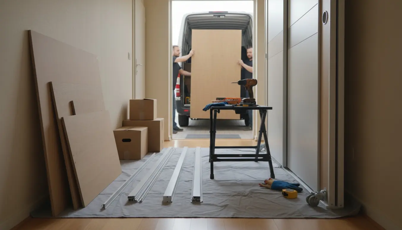 To personer læsser en PAX-garderobe, med bagbeklædninger og skydedørskomponenter klar ved lejlighedens dør.