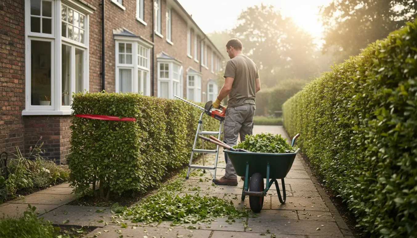 En gartner trimmer en lang bøgehæk ved et rækkehus, markeret med en farvet snor.