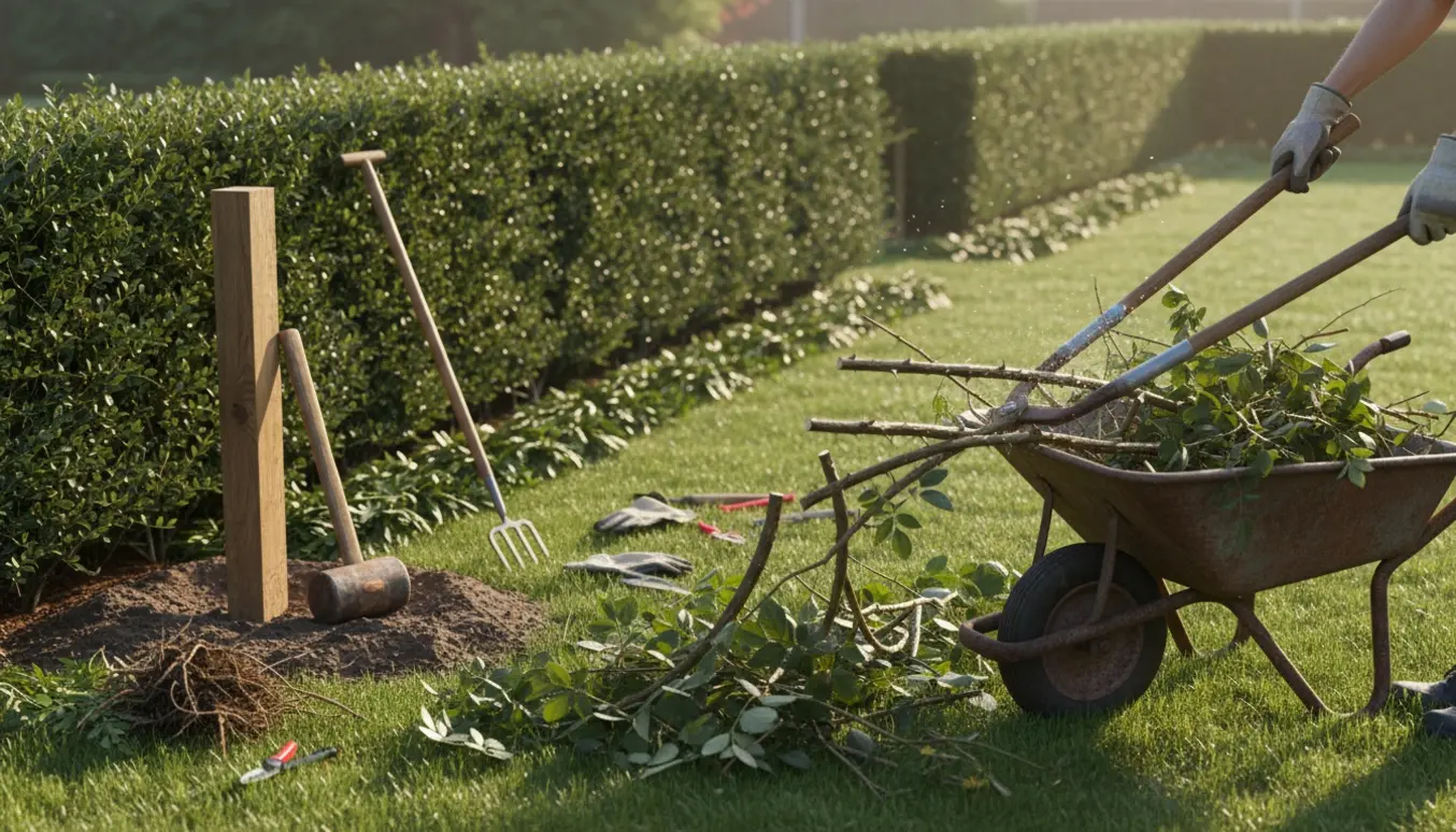 Haveredskaber og hækkeklip: klippet hæk, fjernet brombær, pæl slået i hård jord og et nyryddet bed.