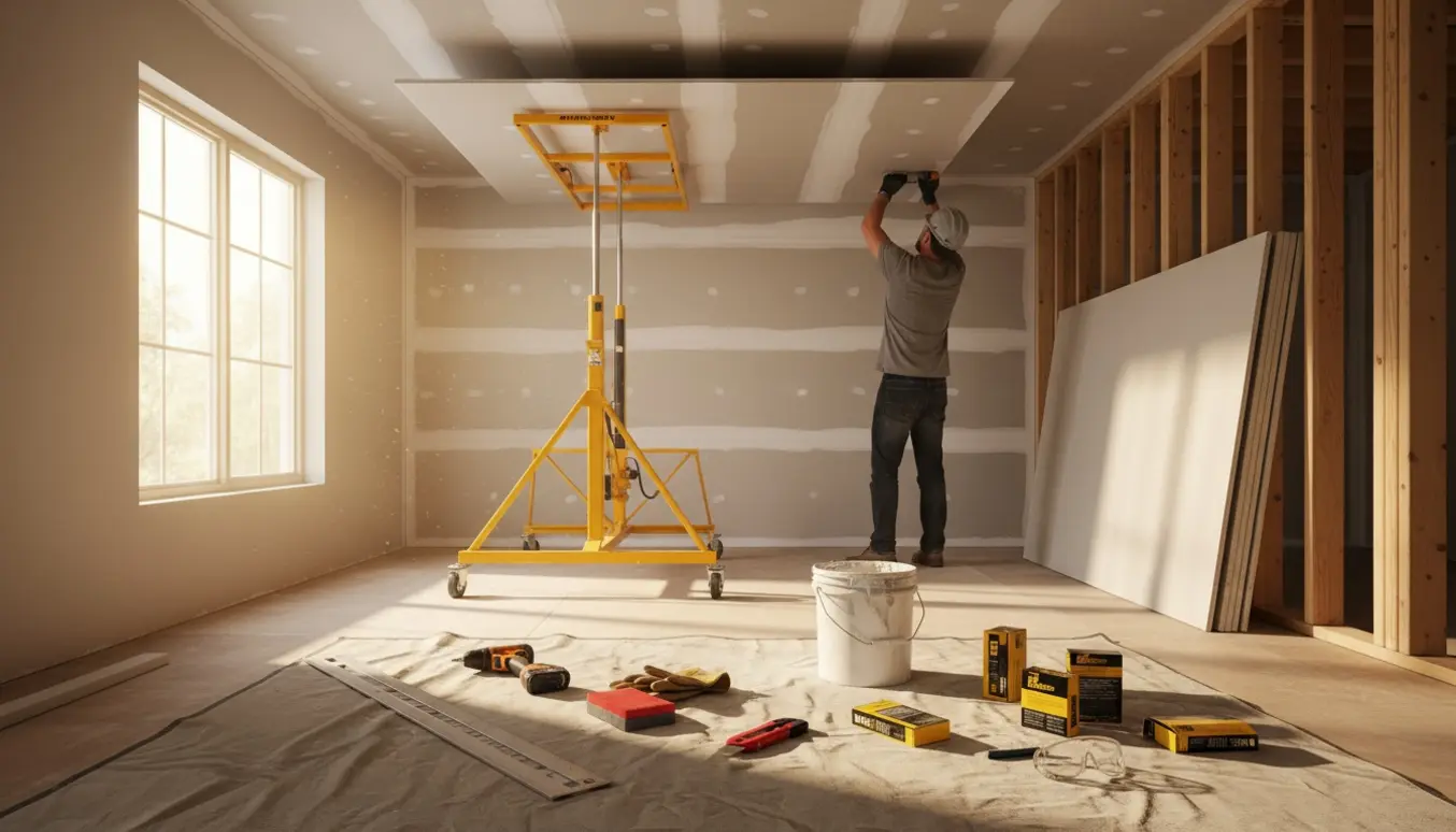 Håndværkere monterer gipsplader på loft og væg i et rum under renovering.