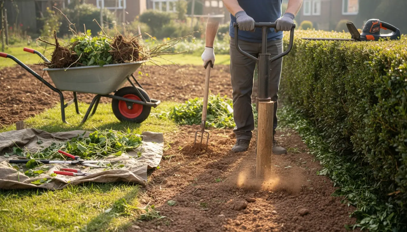 Gloveklædte hænder fjerner ukrudt og brombær i en forhave med nyklippet hæk og en pæl, der bankes ned i hård jord.