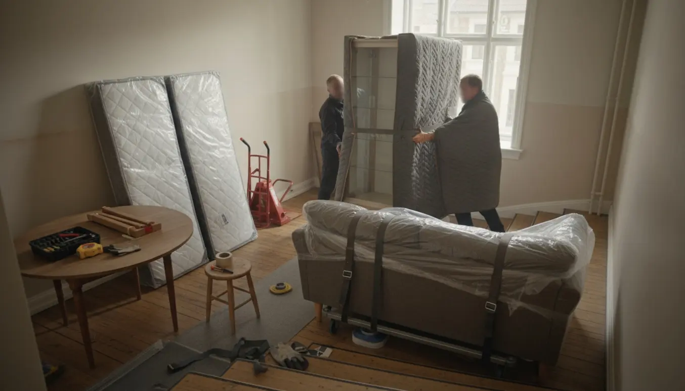Flyttefolk bærer et indpakket vitrineskab ned ad en trappe med sofa, madrasser og afmonterede bordben i baggrunden.