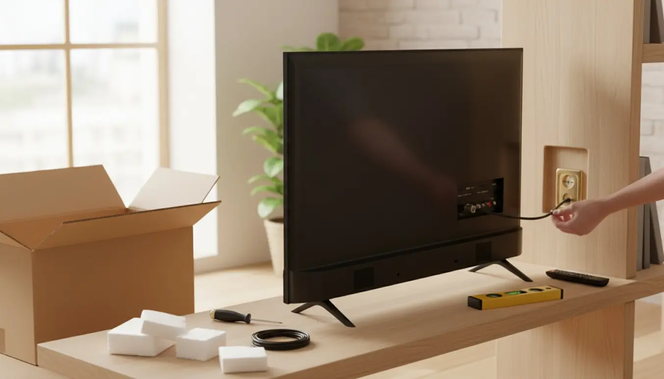 Nyt 48-tommer fjernsyn sættes op på en reol, mens hænder tilslutter antennekablet til vægudtaget.