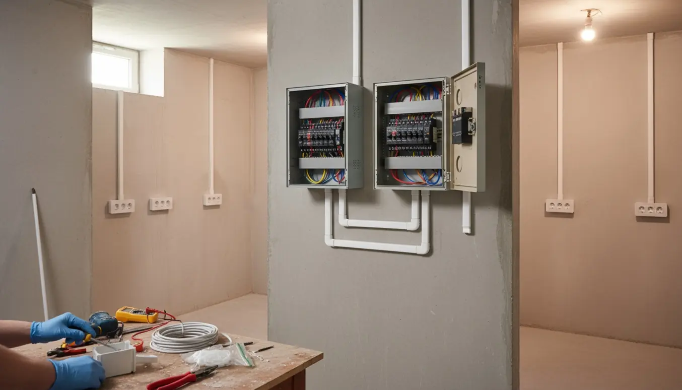 Ny eltavle og seks nyinstallerede dobbeltkontakter i en kælder, med værktøj og hænder i arbejde.