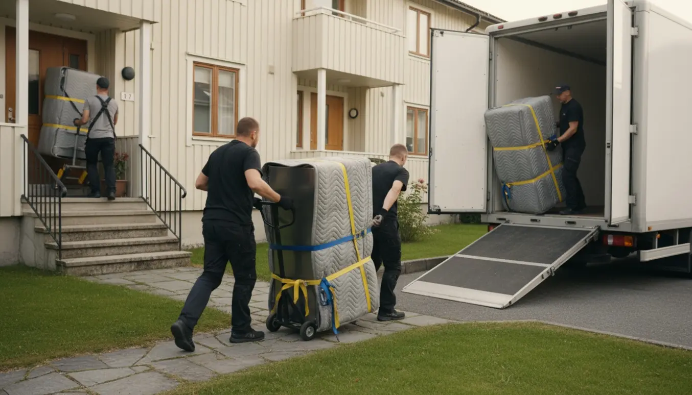 Flyttefolk fører et stort, indpakket køleskab på en dolly mod en flyttevogn, mens andre bærer et køleskab op ad trappen til 1. sal.