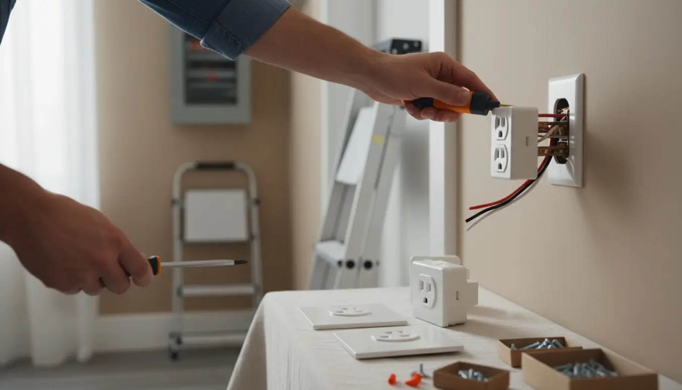 Hænder udskifter en stikkontakt i en moderne bolig med værktøj og nye stikkontakter på et bord.