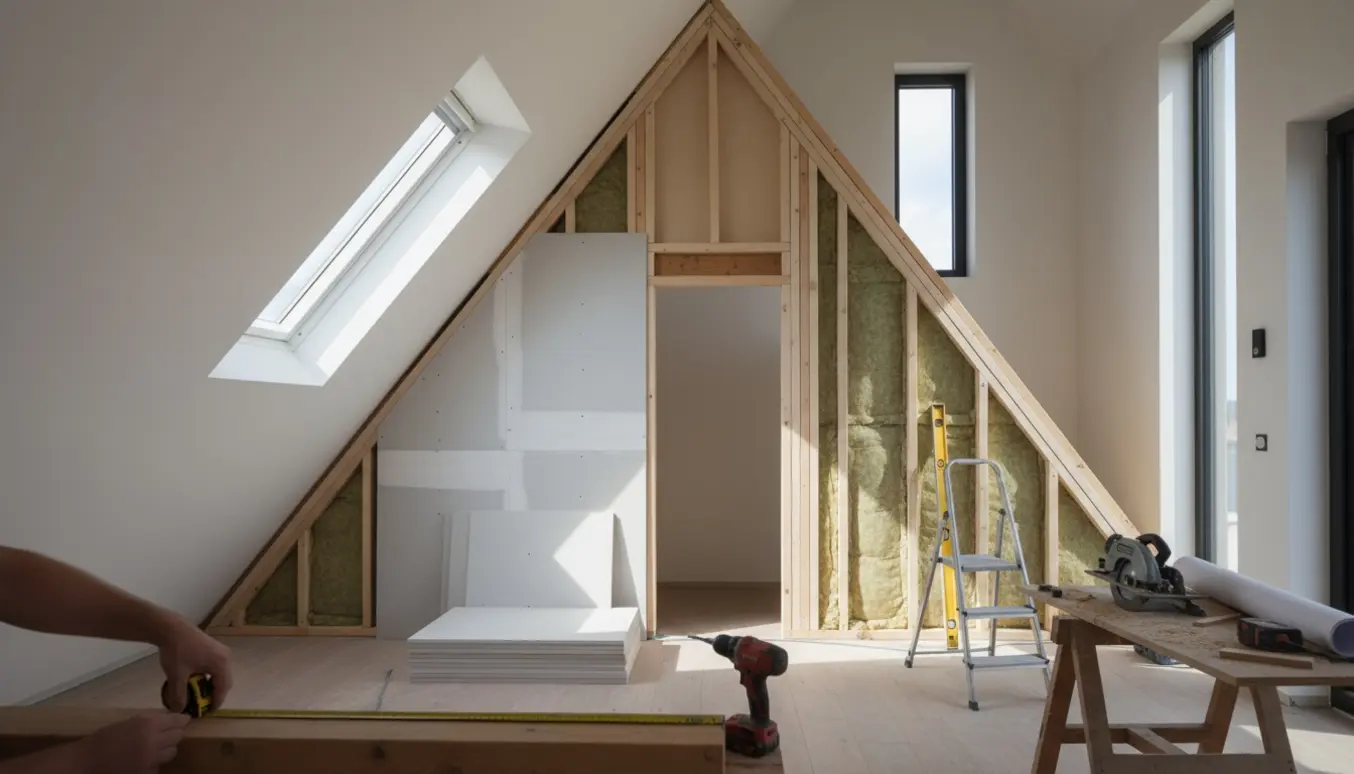 Delvist opført trekantet skillevæg med døråbning under skråt loft på første sal, med værktøj i forgrunden.
