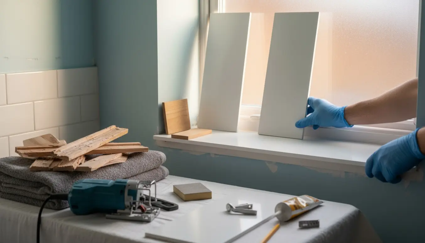 Nærbillede af udskiftning af vindueslysning i badeværelse med hvide Corian-plader, træprøve og værktøj.