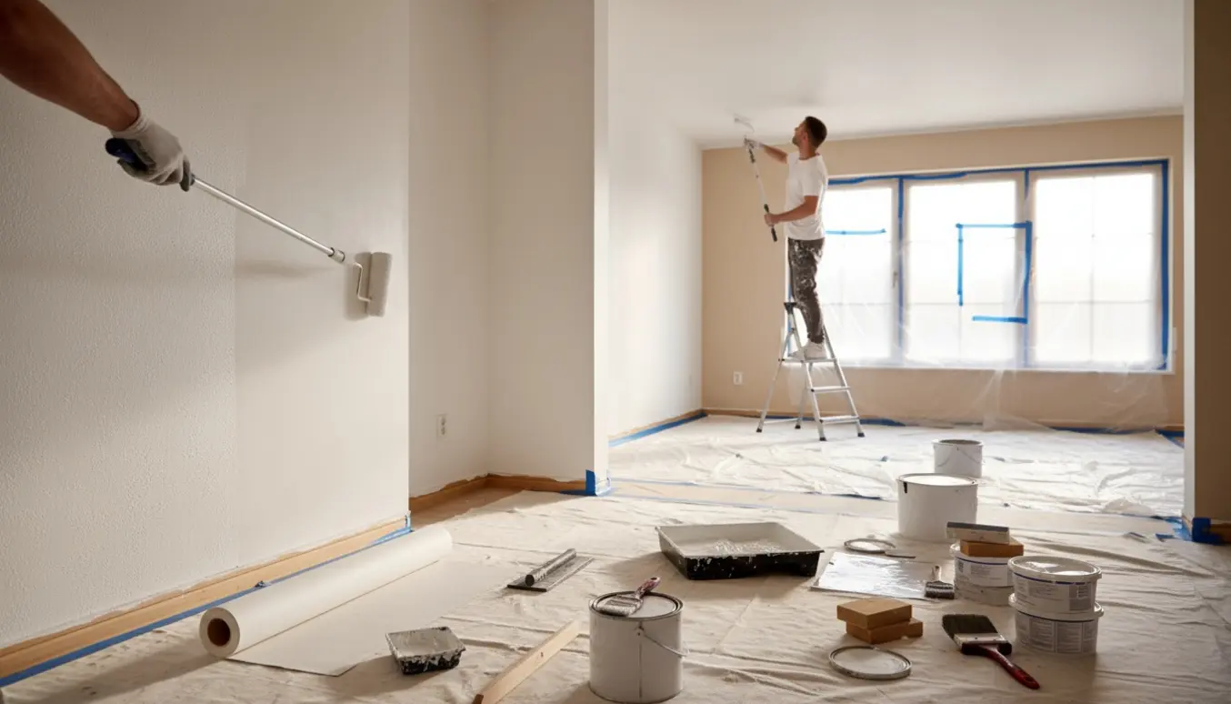 Indendørs malerarbejde med rulle, filt, maskeringstape og afdækningsdug mens vægge og loft males.