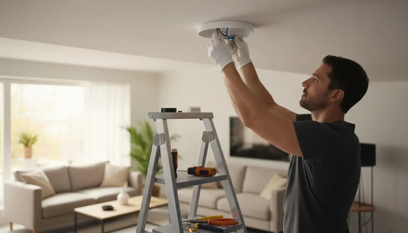 Elektriker på stige monterer ny ledning og fastgør loftlampe, ansigt ikke synligt.