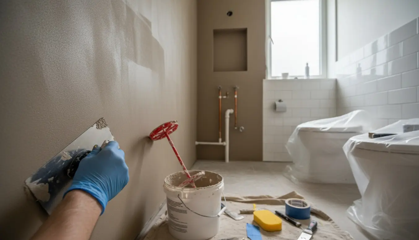 Nærbillede af hænder, der glatter mikrocement på væg i et lille badeværelse under renovering.