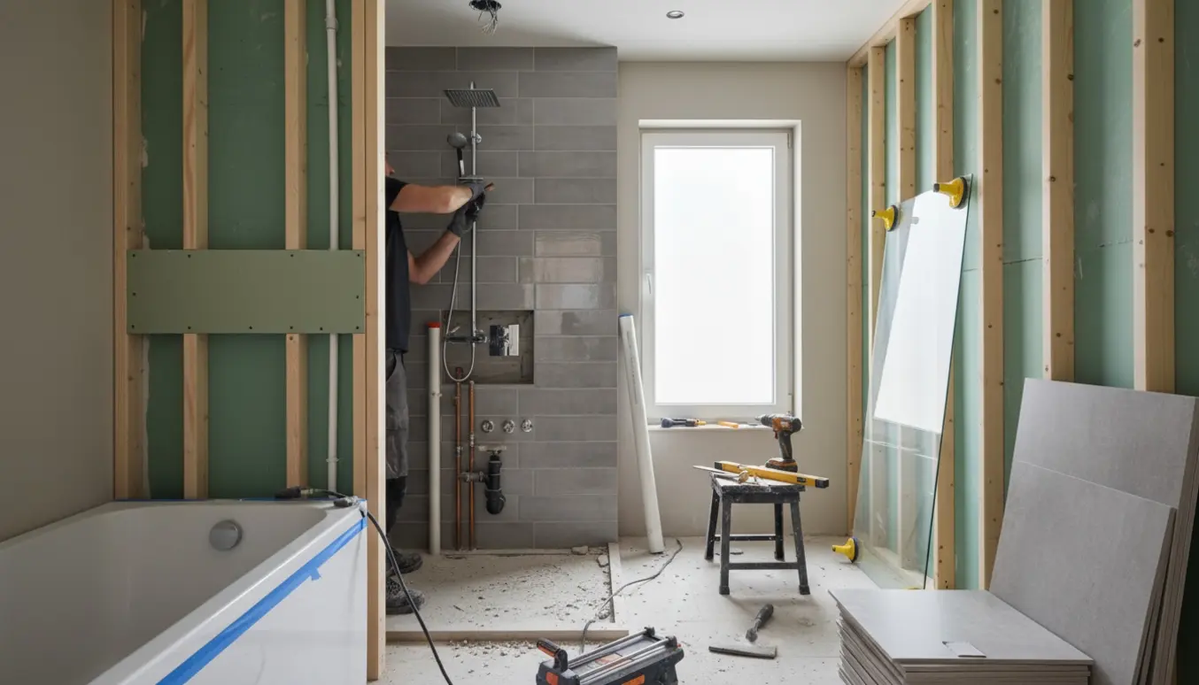 Halvfærdigt lille badeværelse under renovering med fliser, vådrumsgips, rør og glas bruseafskærmning klar til montage.