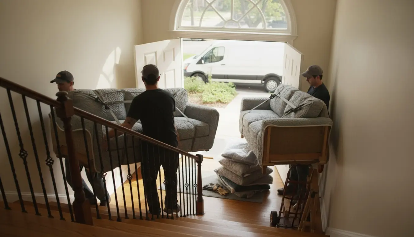 To personer bærer en delt trepersoners sofa ned ad en opgangstrappe mod en varevogn.