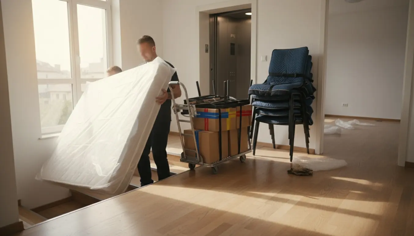 Flyttefolk bærer en indpakket madras og stablede stole ned ad en lys trappe ved en tom lejlighed.