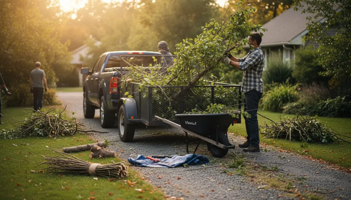 Trailer læsses med stabler af nyskårne grene i en have, med handsker og værktøj i forgrunden.