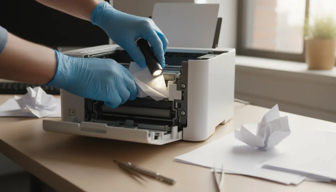 Nærbillede af hænder, der fjerner papirstop fra en kontorprinter.