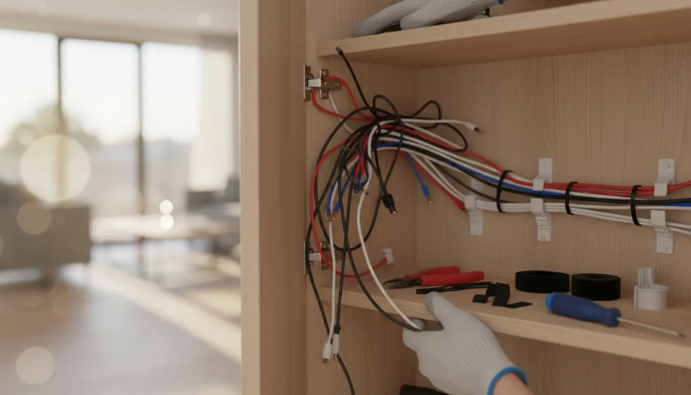 Hænder organiserer løse kabler i et åbent skab med kabelstrips og værktøj.