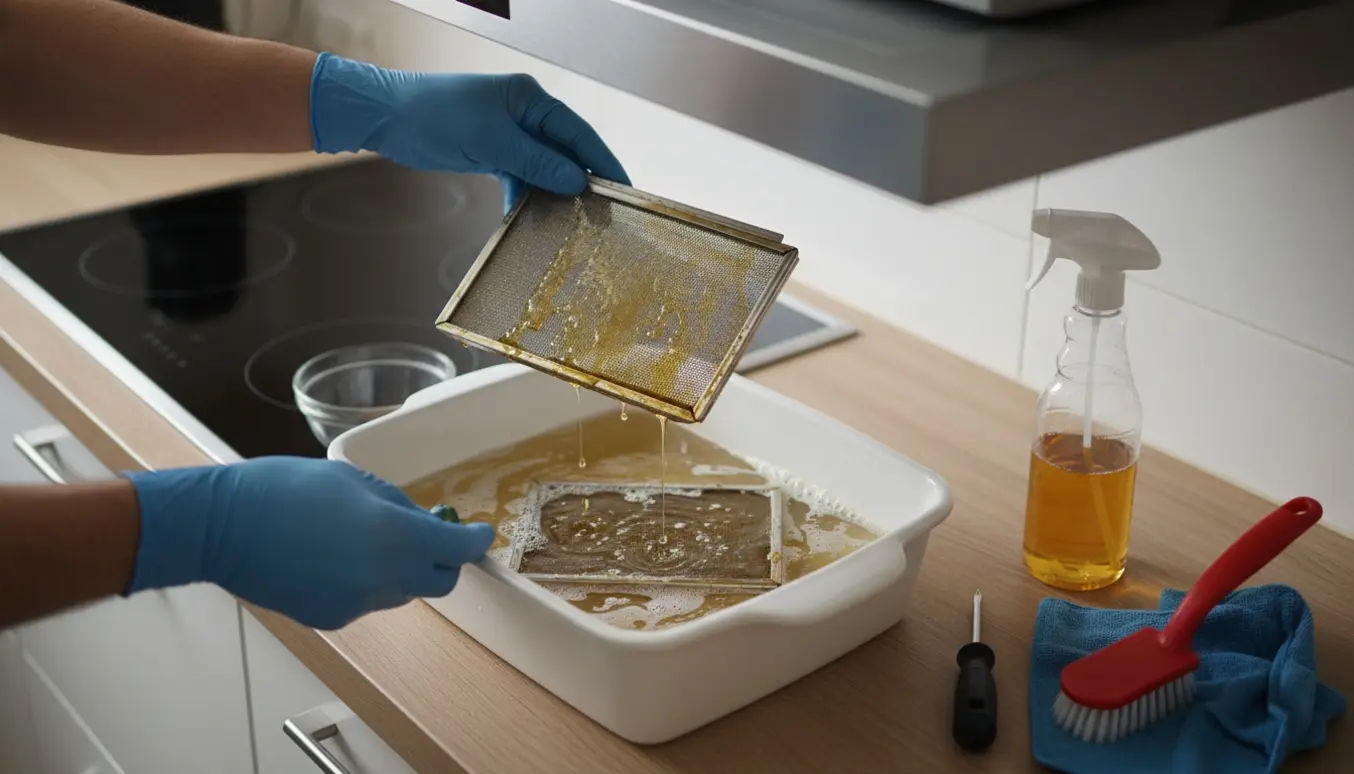 Hænder rengør fedtfiltre fra en køkkenemhætte ved siden af sæbevand og værktøj.