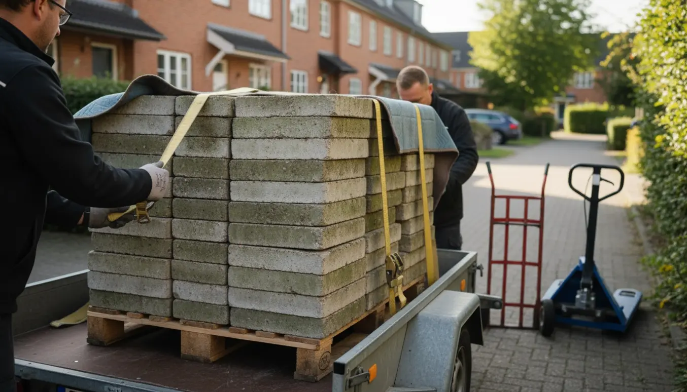 Stak af brugte 50x50 cm havefliser på en palle bliver sikret med stropper ved afhentning i et boligkvarter.