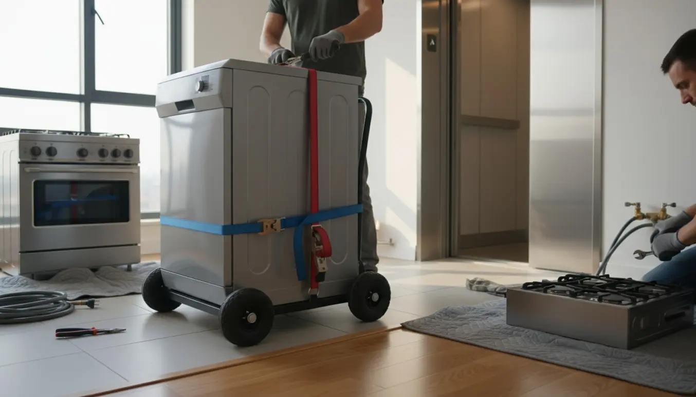 Hårde hvidevarer på sækkevogn bliver sikret og kørt ind i elevator under en lejlighedsflytning.