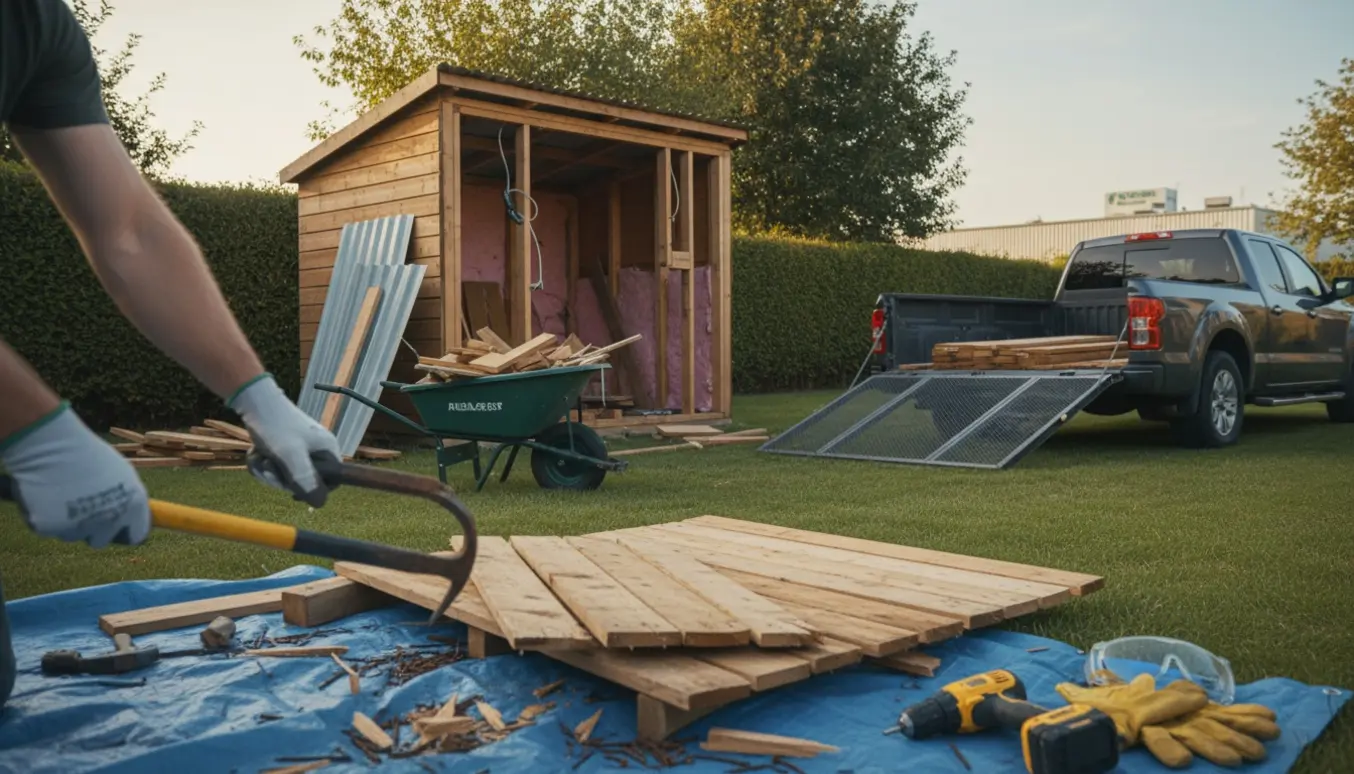 Halvt nedrevet lille skur med træplanker og håndværktøj, klar til at blive læsset på trailer.