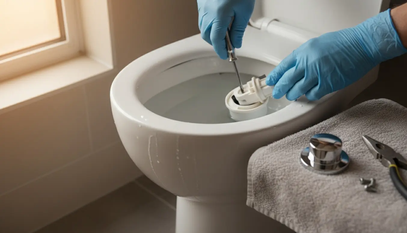 Hænder udskifter en fastklemt trykknap i en åben toiletcisterne med værktøj lagt klar.