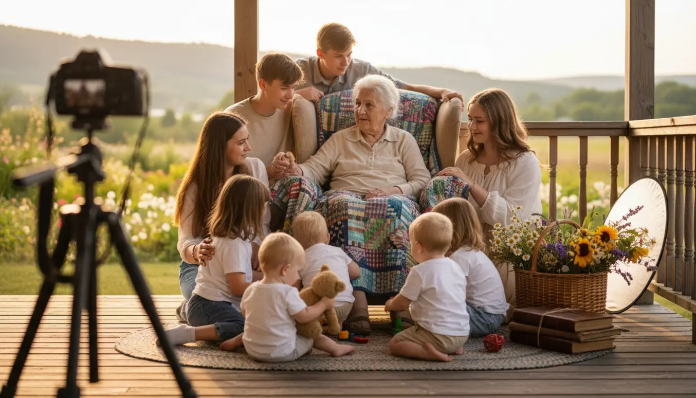 Oldemor siddende i en vintagestol på en solvarm veranda omgivet af børnebørn og oldebørn, med kamera og blomster i forgrunden.
