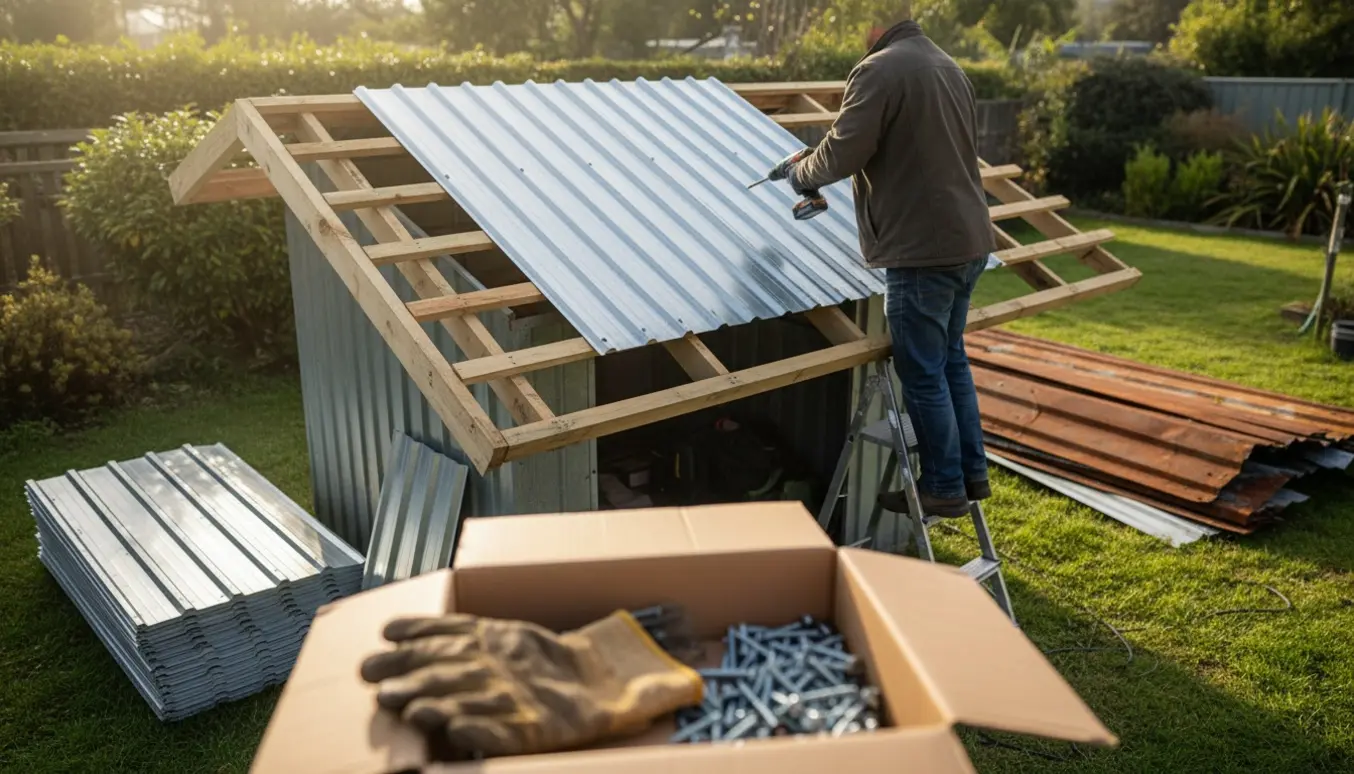 Montering af nyt trapeztag på et cykelskur med nye metalplader og en person, der skruer dem fast.