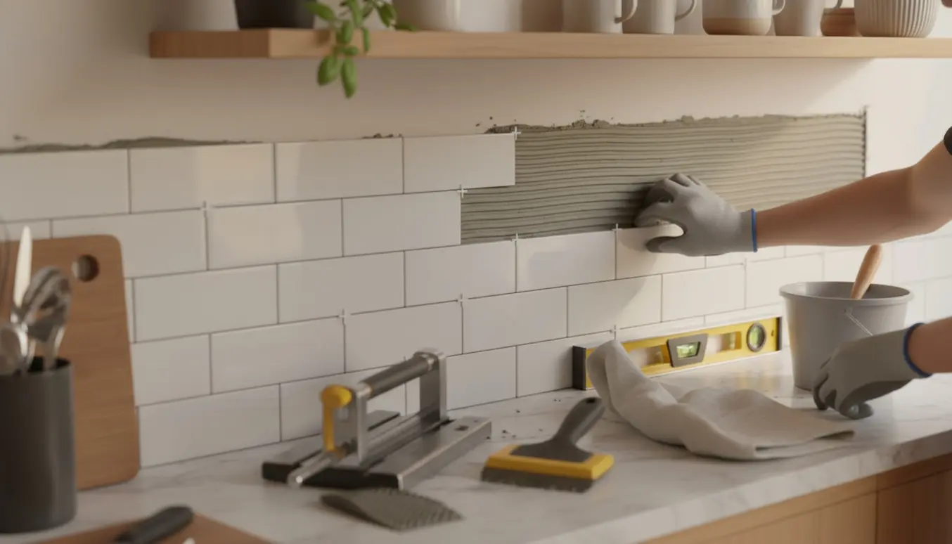 Hænder sætter vægfliser op som bagbeklædning mellem køkkenbord og hylde.