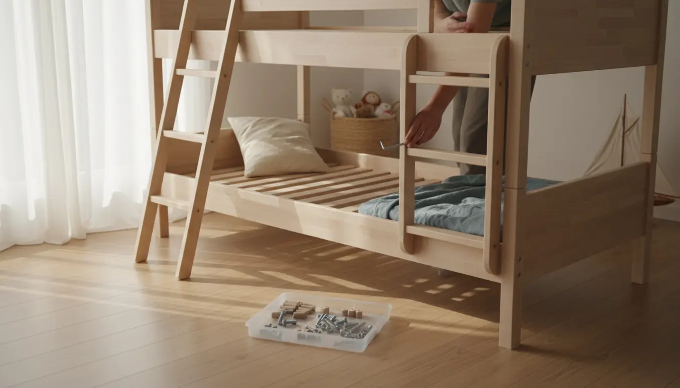 Delvist samlet Seaside Little-køjeseng i lyst børneværelse med værktøj og hænder, der strammer bolte.