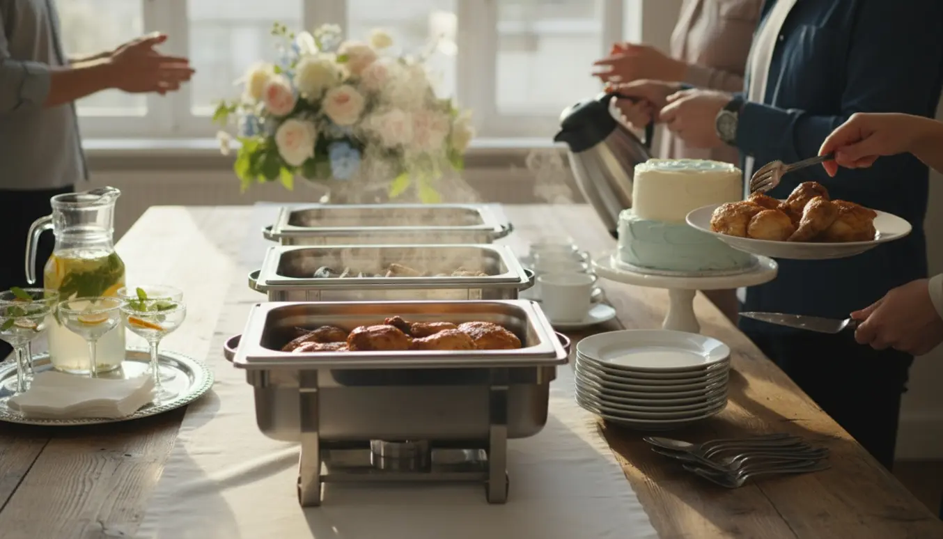 Hænder anretter buffet, laver velkomstdrink og hælder kaffe op ved et konfirmationsbord.