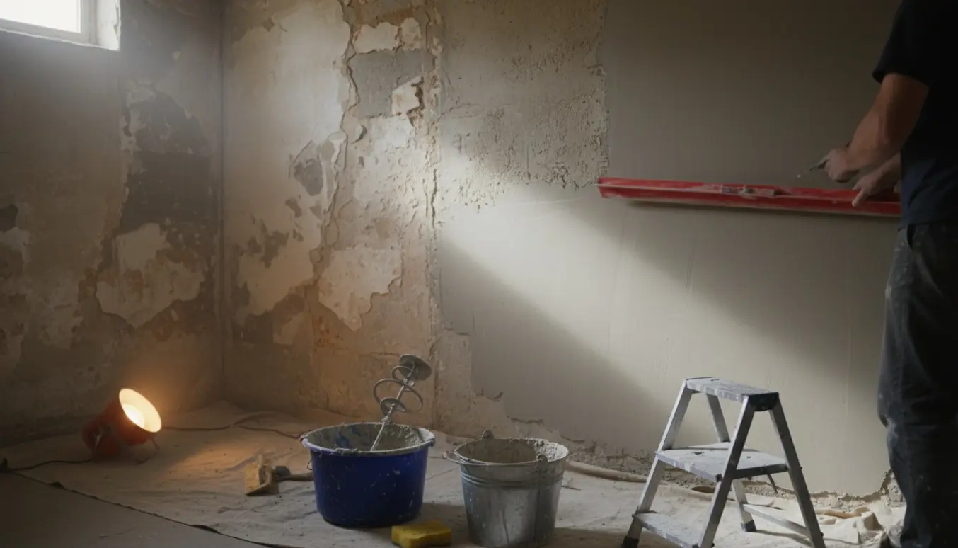 Håndværker i kælder fjerner løs puds og påfører nyt pudslag med murske.