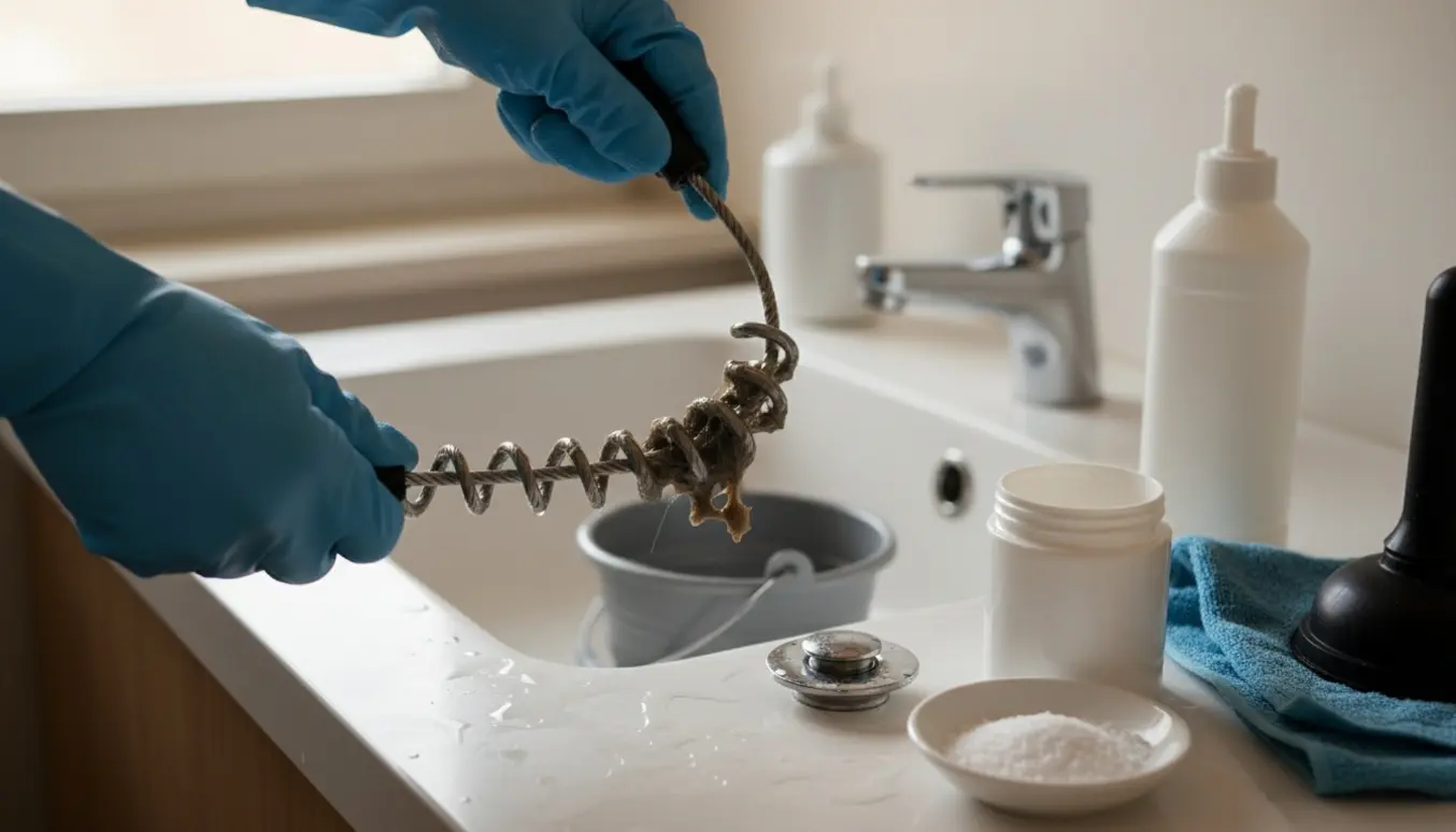 Nærbillede af hænder i gummihandsker, der trækker hår og snavs op af et stoppet håndvaskafløb med en afløbsrenser.