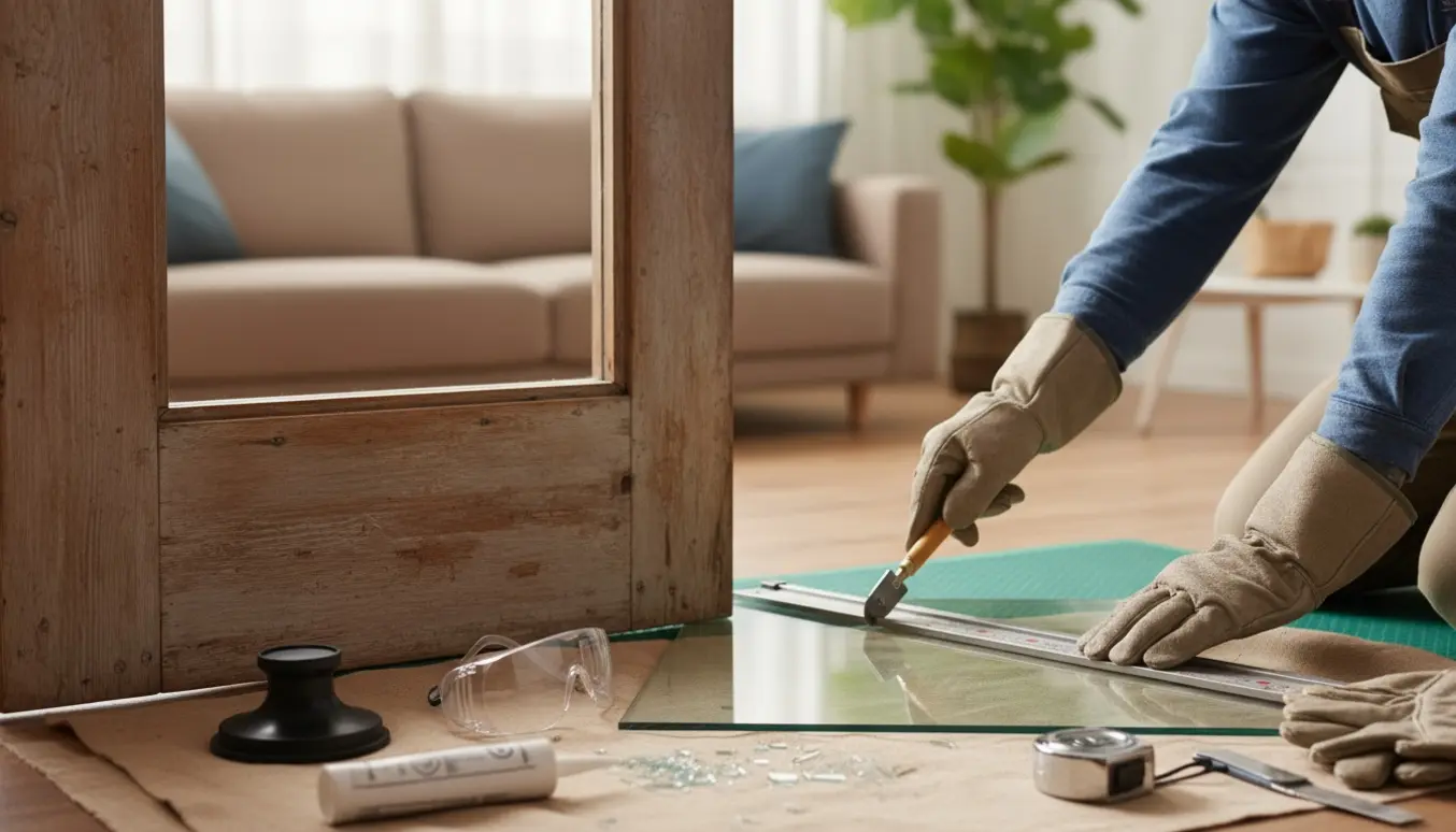 Hænder i handsker måler og skærer nyt tyndt glas til nederste rude i en stuedør med værktøj og beskyttelsesudstyr ved siden af.