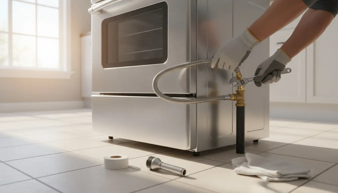 Fritstående gaskomfur forbundet til gasrør med fleksibel slange og værktøj på køkkengulvet.