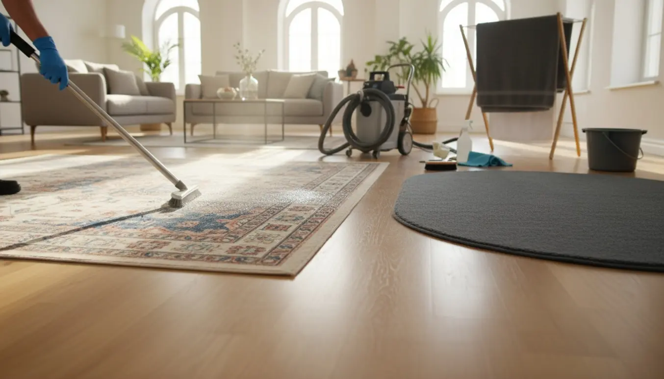 To store tæpper renses i et lyst opholdsrum med en professionel ekstraktionsmaskine, mens handskerede hænder arbejder uden synlige ansigter.