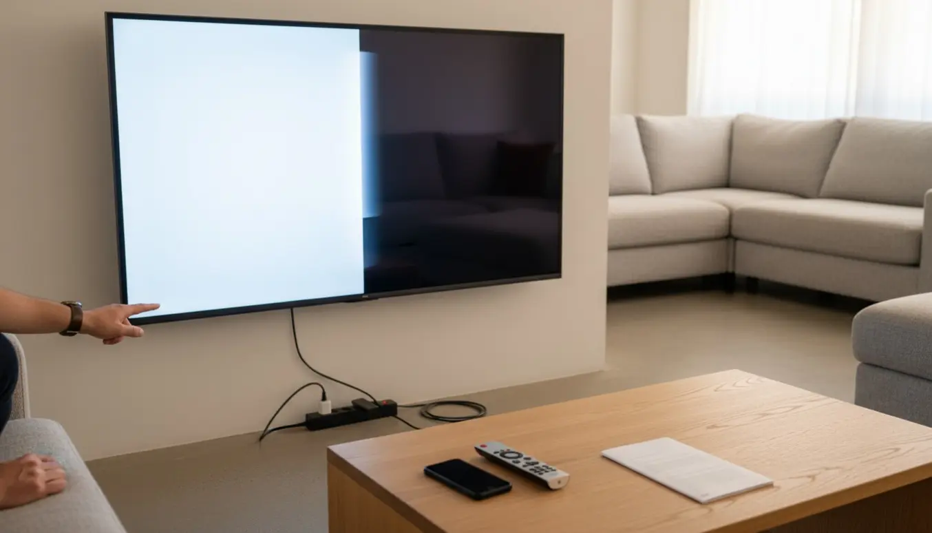 Fladskærmstv i stuen, der blinker midt i et on/off-problem med fjernbetjening og et løst strømstik i nærheden.