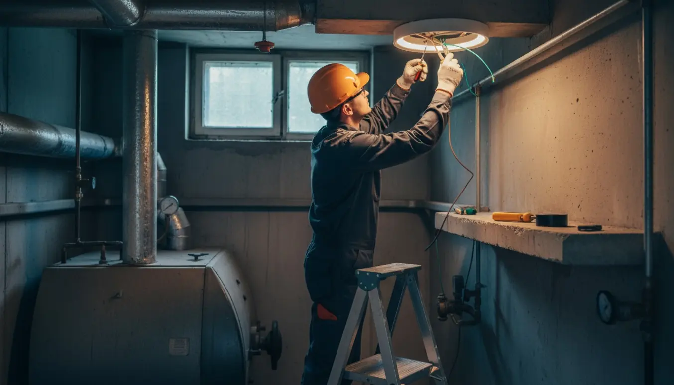 En elektriker monterer en loftslampe i et fyrrum med værktøj og eksponerede ledninger.