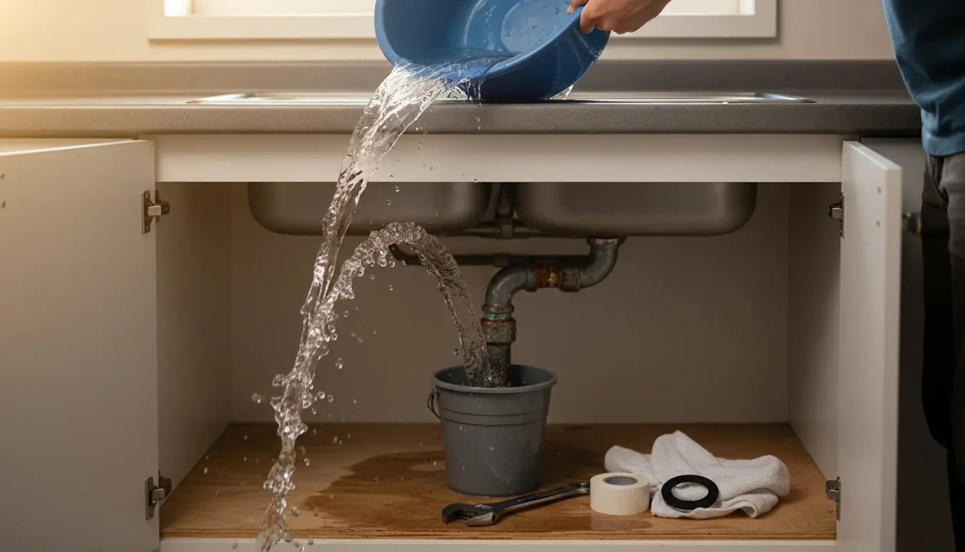 Utæt køkkenvaskafløb med vand, en spand der opsamler dryp og værktøj under vasken.