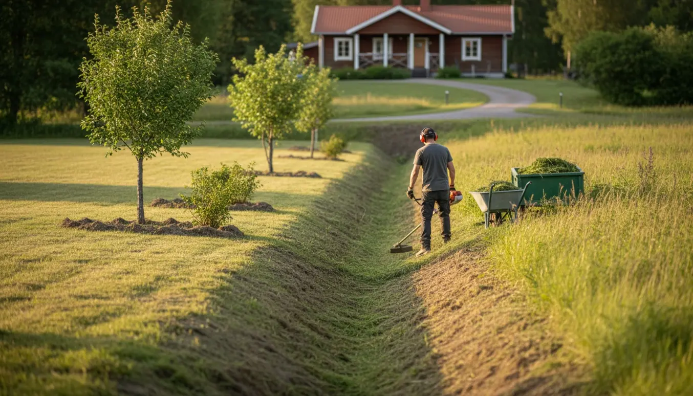 Person renser grøftekant ved sommerhus med buskrydder langs en tørlagt vandkanal.