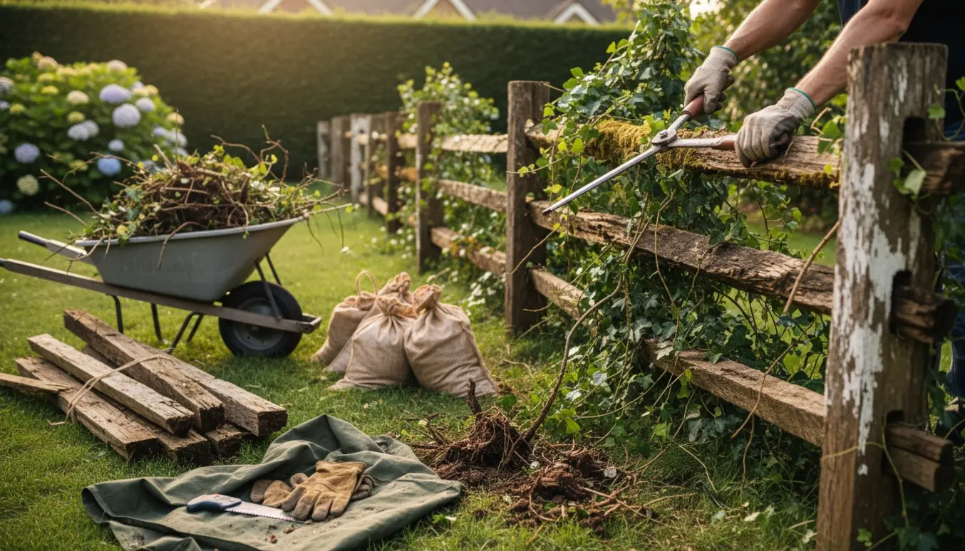 Gammelt, råddent raftehegn dækket af efeu, mens værktøj og bunker af affald er klar til fjernelse.