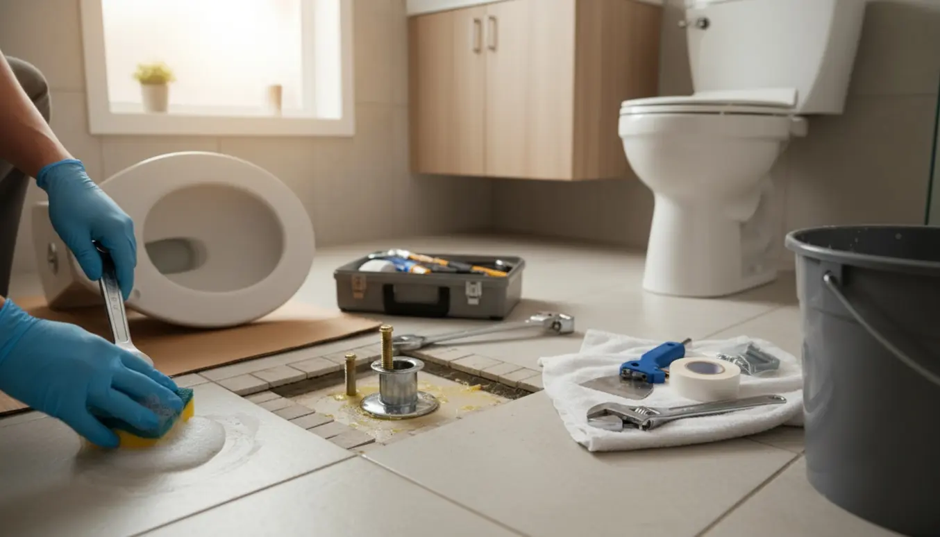 Et lyst badeværelse med et fjernet toilet, eksponeret gulvflange og værktøj klar til udskiftning og vedligehold.