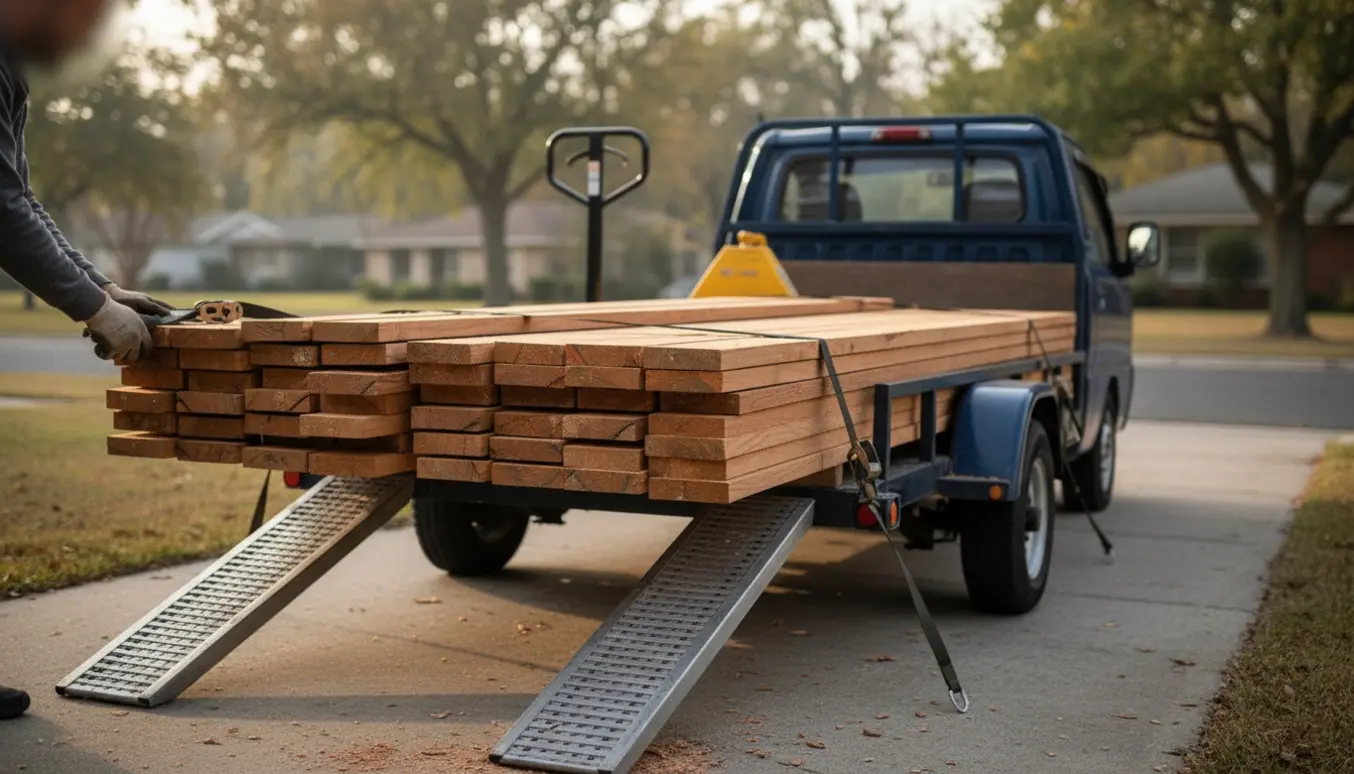 Stakke lange brædder læsses på en trailer ved en villavej, med stropper og palleløfter, uden synlige ansigter.