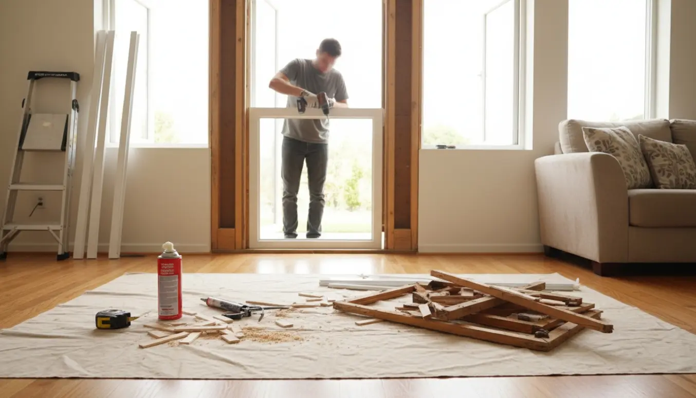 Udskiftning af vinduer i en stue med handsker, bor, nye rammer og terrassedør under montering.