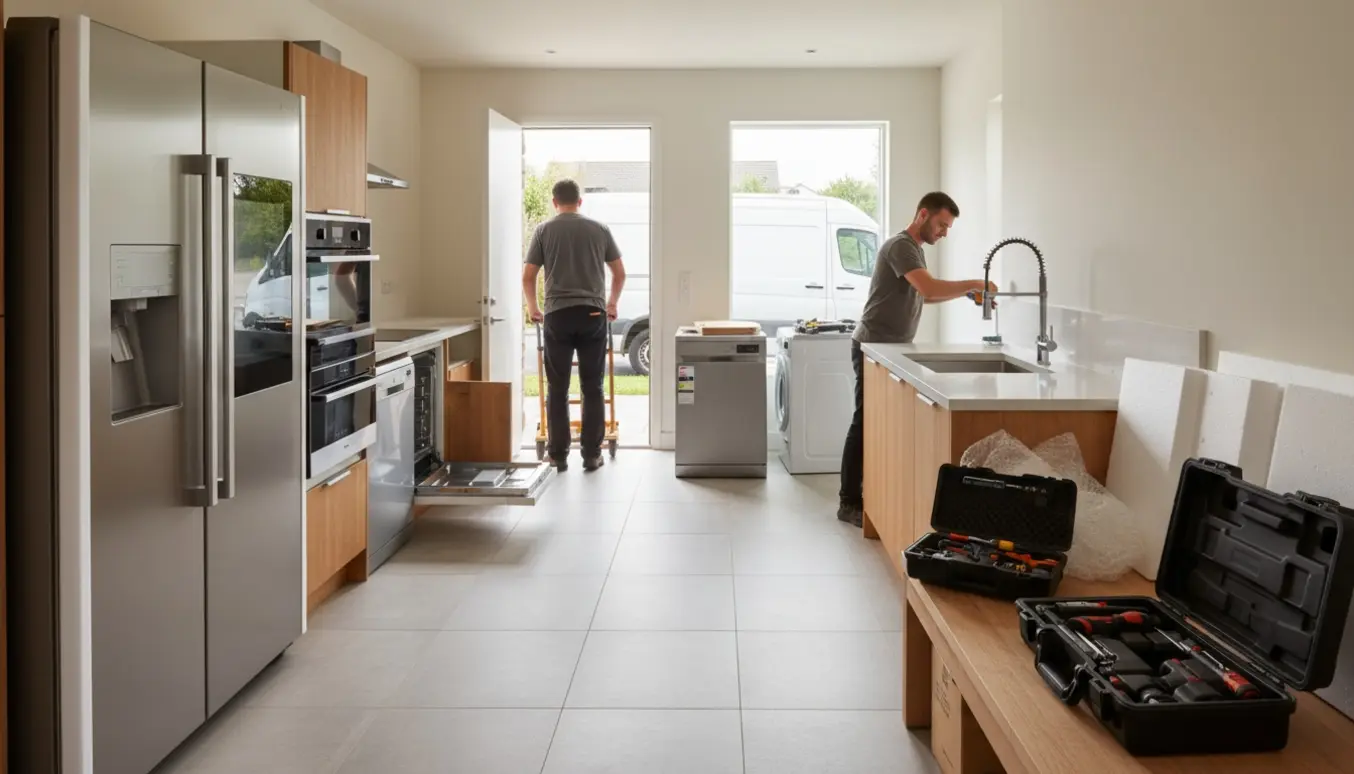 Nye hvidevarer og en ny vandhane installeres i et moderne køkken, mens gamle apparater flyttes ud til afhentning.